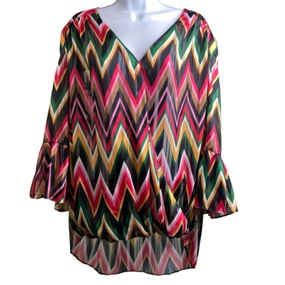 INC Women's Colorful Chevron Surplice Neck Bell Sleeve Top Plus Sizes 2X/3X - Picture 3 of 15